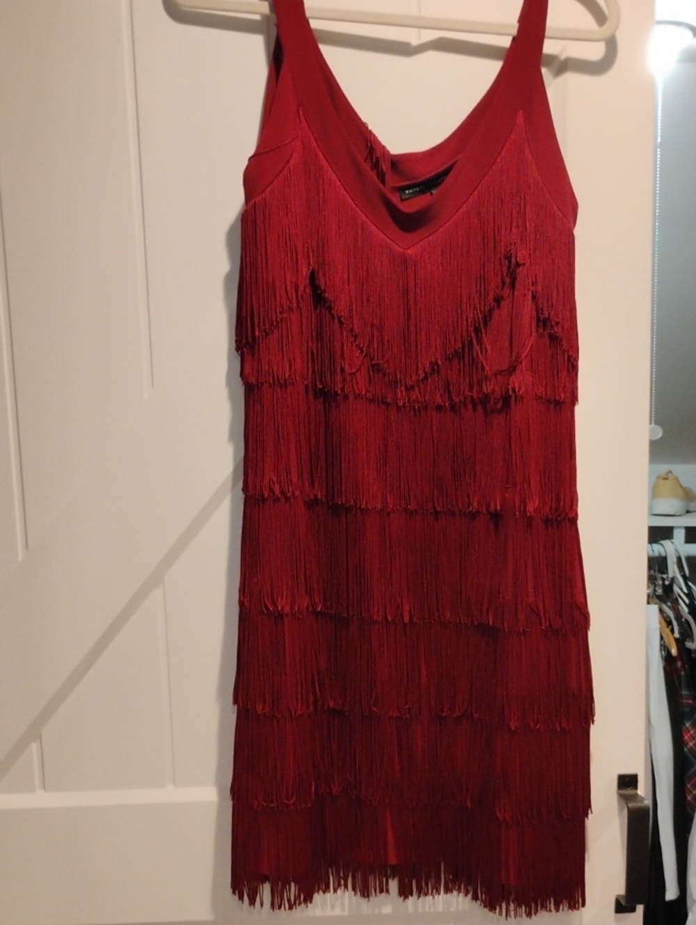 White House Black Market Red Fringe V-Neck Mini Dress
